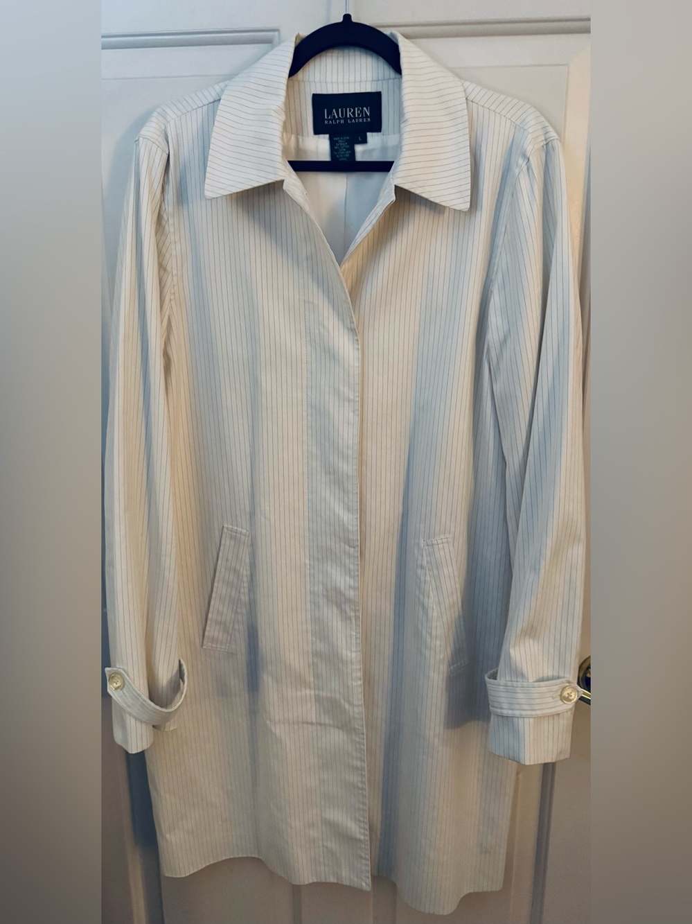 Lauren Ralph Lauren Trench Coat 99% Cotton in Cream with Blue Pinstripes Size L